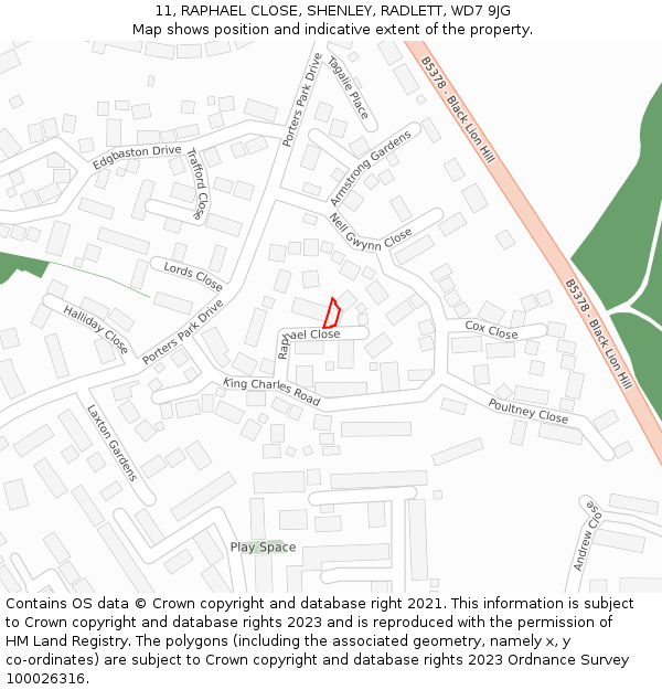 11, RAPHAEL CLOSE, SHENLEY, RADLETT, WD7 9JG: Location map and indicative extent of plot