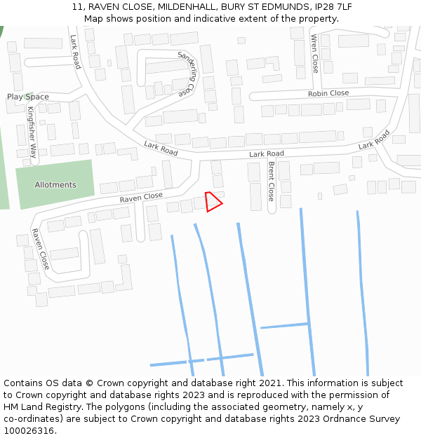 11, RAVEN CLOSE, MILDENHALL, BURY ST EDMUNDS, IP28 7LF: Location map and indicative extent of plot