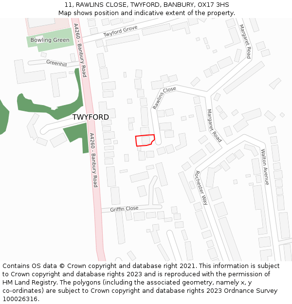 11, RAWLINS CLOSE, TWYFORD, BANBURY, OX17 3HS: Location map and indicative extent of plot