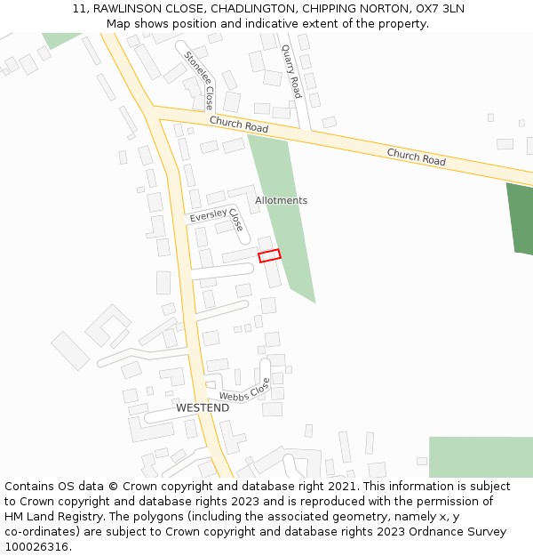11, RAWLINSON CLOSE, CHADLINGTON, CHIPPING NORTON, OX7 3LN: Location map and indicative extent of plot