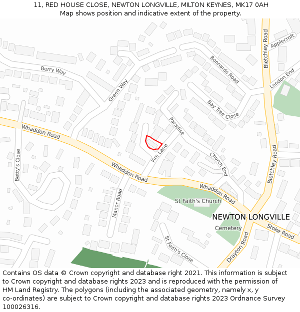 11, RED HOUSE CLOSE, NEWTON LONGVILLE, MILTON KEYNES, MK17 0AH: Location map and indicative extent of plot