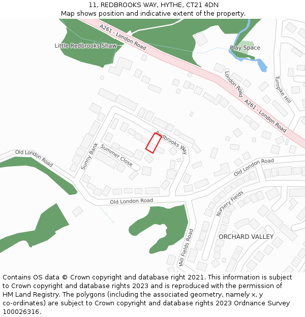 11, REDBROOKS WAY, HYTHE, CT21 4DN: Location map and indicative extent of plot