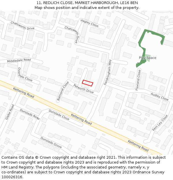 11, REDLICH CLOSE, MARKET HARBOROUGH, LE16 8EN: Location map and indicative extent of plot