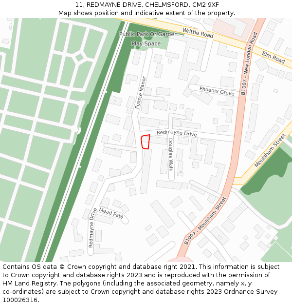 11, REDMAYNE DRIVE, CHELMSFORD, CM2 9XF: Location map and indicative extent of plot