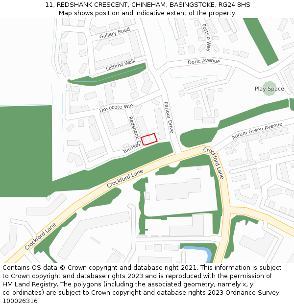 11, REDSHANK CRESCENT, CHINEHAM, BASINGSTOKE, RG24 8HS: Location map and indicative extent of plot