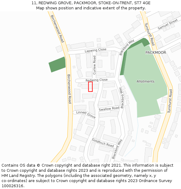 11, REDWING GROVE, PACKMOOR, STOKE-ON-TRENT, ST7 4GE: Location map and indicative extent of plot