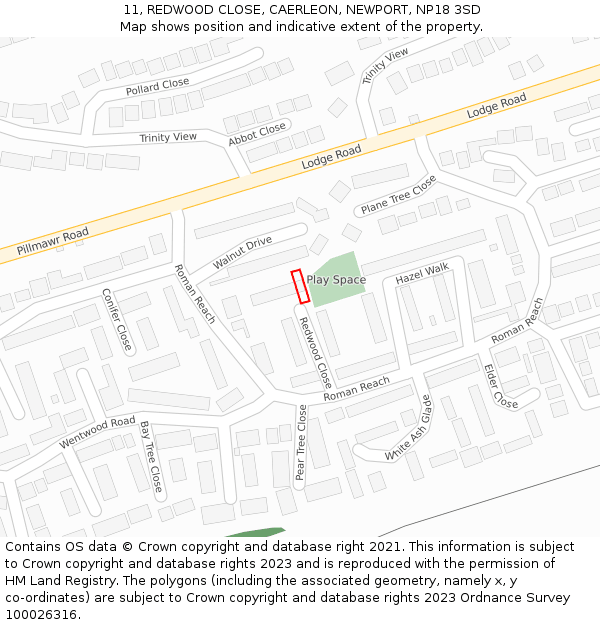 11, REDWOOD CLOSE, CAERLEON, NEWPORT, NP18 3SD: Location map and indicative extent of plot