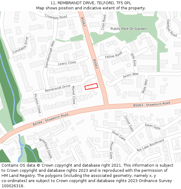 11, REMBRANDT DRIVE, TELFORD, TF5 0PL: Location map and indicative extent of plot
