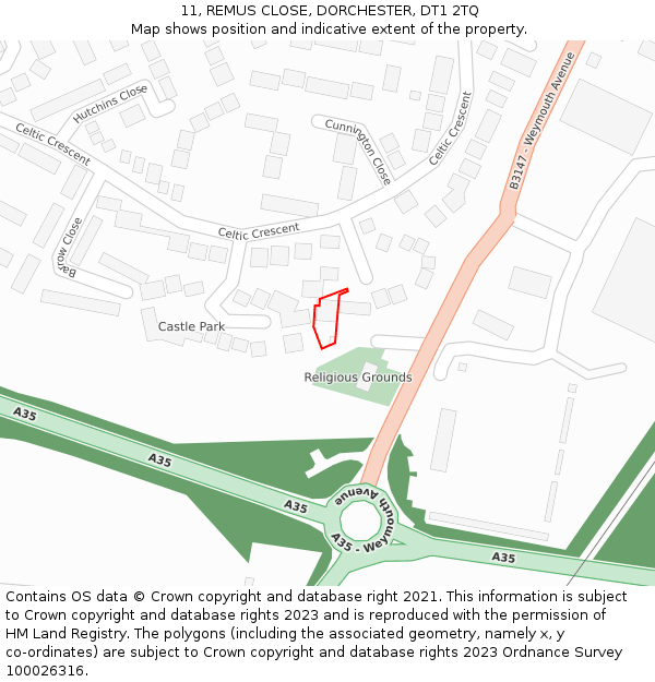 11, REMUS CLOSE, DORCHESTER, DT1 2TQ: Location map and indicative extent of plot