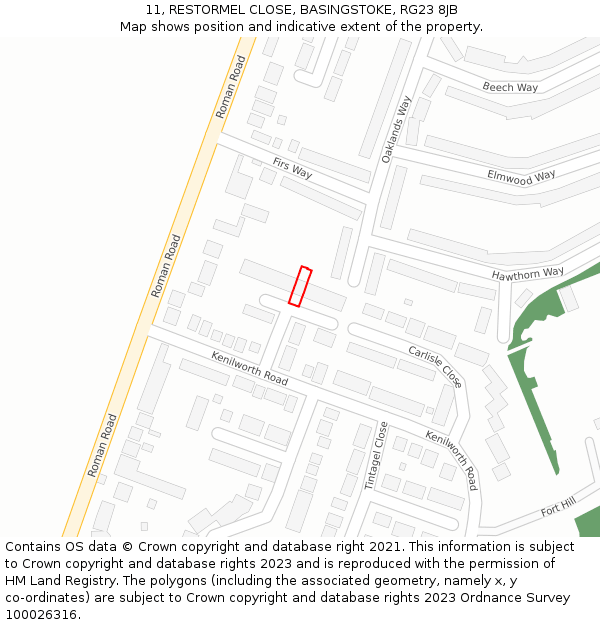 11, RESTORMEL CLOSE, BASINGSTOKE, RG23 8JB: Location map and indicative extent of plot