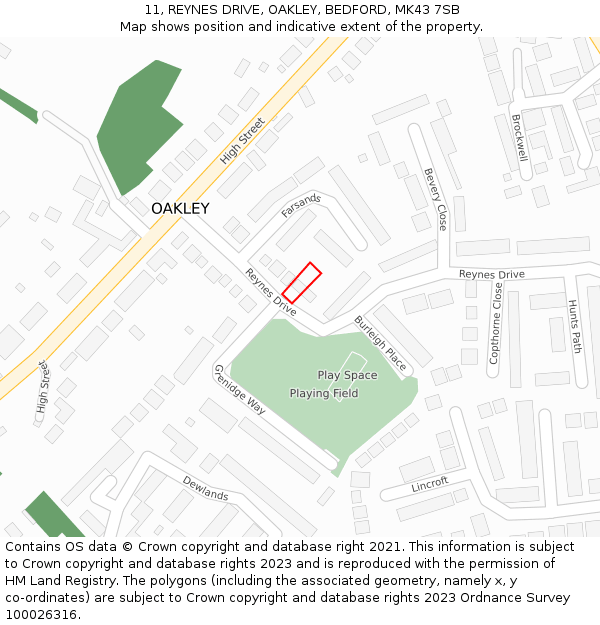 11, REYNES DRIVE, OAKLEY, BEDFORD, MK43 7SB: Location map and indicative extent of plot