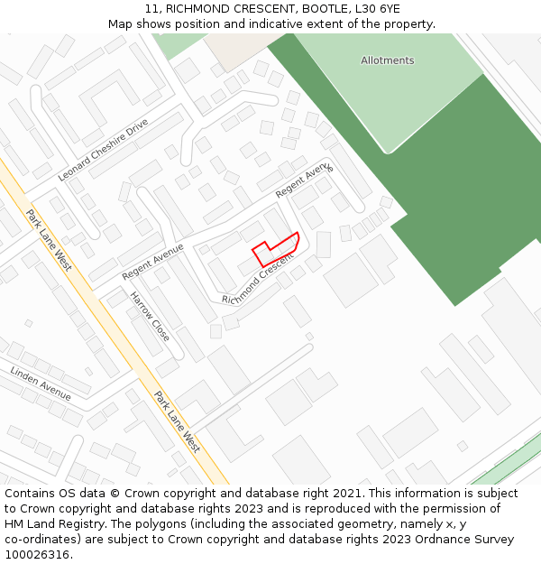 11, RICHMOND CRESCENT, BOOTLE, L30 6YE: Location map and indicative extent of plot
