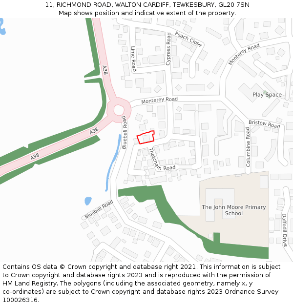 11, RICHMOND ROAD, WALTON CARDIFF, TEWKESBURY, GL20 7SN: Location map and indicative extent of plot