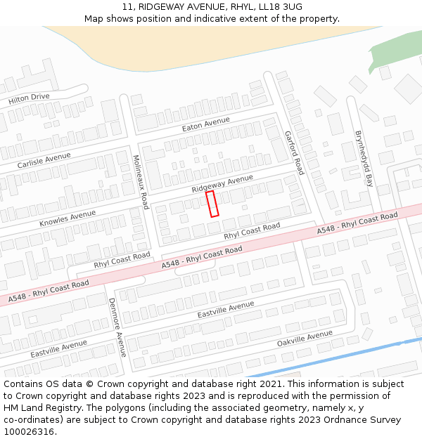 11, RIDGEWAY AVENUE, RHYL, LL18 3UG: Location map and indicative extent of plot