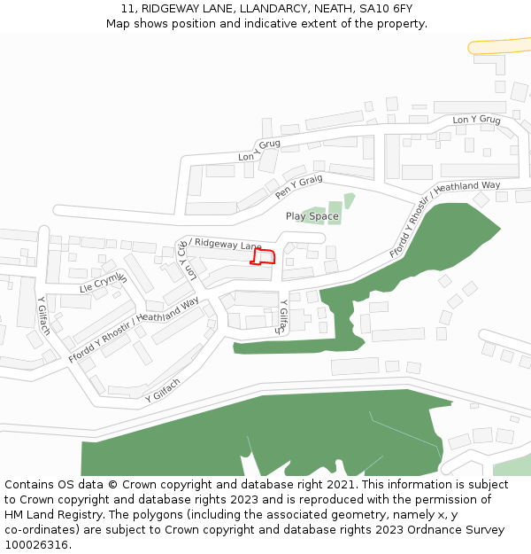 11, RIDGEWAY LANE, LLANDARCY, NEATH, SA10 6FY: Location map and indicative extent of plot
