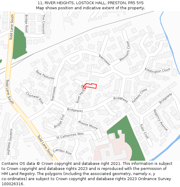 11, RIVER HEIGHTS, LOSTOCK HALL, PRESTON, PR5 5YS: Location map and indicative extent of plot