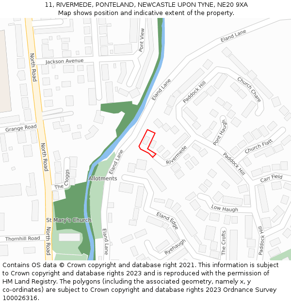 11, RIVERMEDE, PONTELAND, NEWCASTLE UPON TYNE, NE20 9XA: Location map and indicative extent of plot