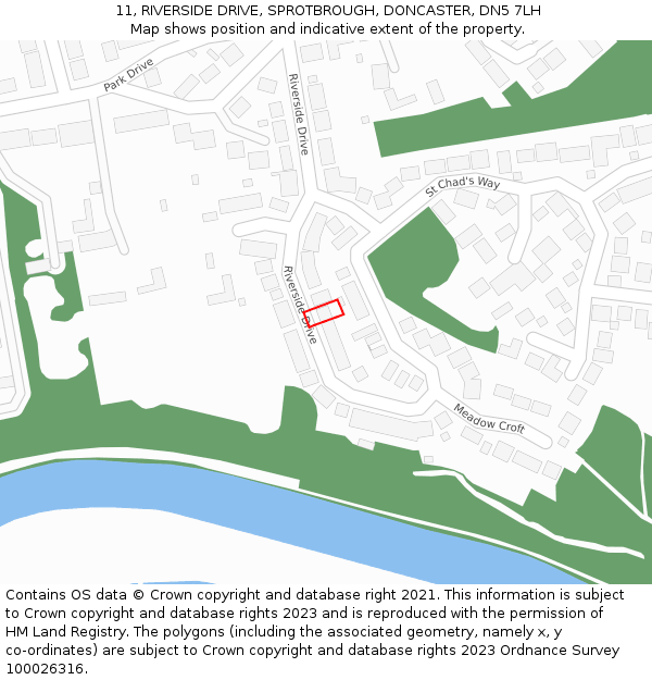 11, RIVERSIDE DRIVE, SPROTBROUGH, DONCASTER, DN5 7LH: Location map and indicative extent of plot