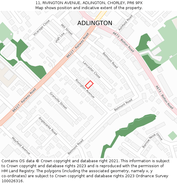 11, RIVINGTON AVENUE, ADLINGTON, CHORLEY, PR6 9PX: Location map and indicative extent of plot