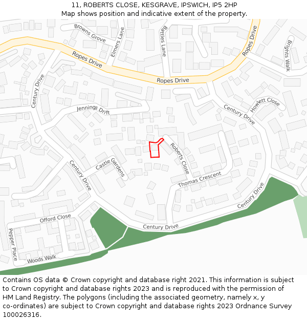 11, ROBERTS CLOSE, KESGRAVE, IPSWICH, IP5 2HP: Location map and indicative extent of plot