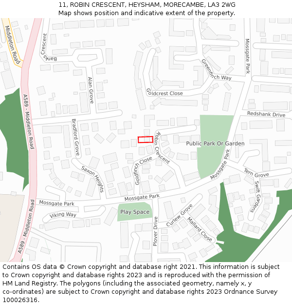 11, ROBIN CRESCENT, HEYSHAM, MORECAMBE, LA3 2WG: Location map and indicative extent of plot