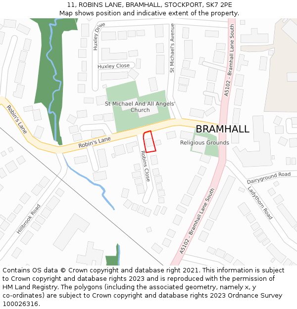 11, ROBINS LANE, BRAMHALL, STOCKPORT, SK7 2PE: Location map and indicative extent of plot