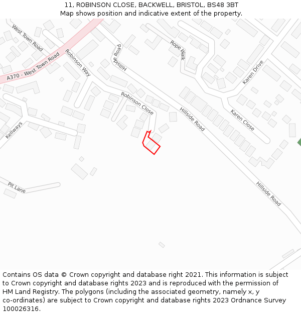 11, ROBINSON CLOSE, BACKWELL, BRISTOL, BS48 3BT: Location map and indicative extent of plot