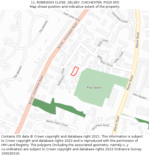 11, ROBINSON CLOSE, SELSEY, CHICHESTER, PO20 0FD: Location map and indicative extent of plot