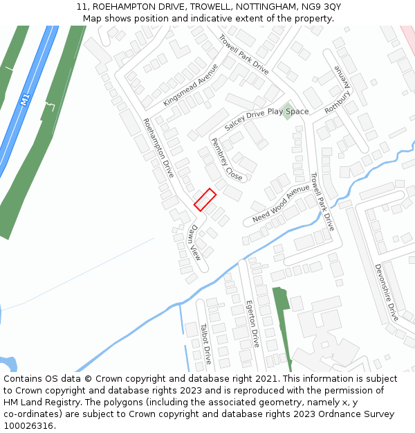 11, ROEHAMPTON DRIVE, TROWELL, NOTTINGHAM, NG9 3QY: Location map and indicative extent of plot