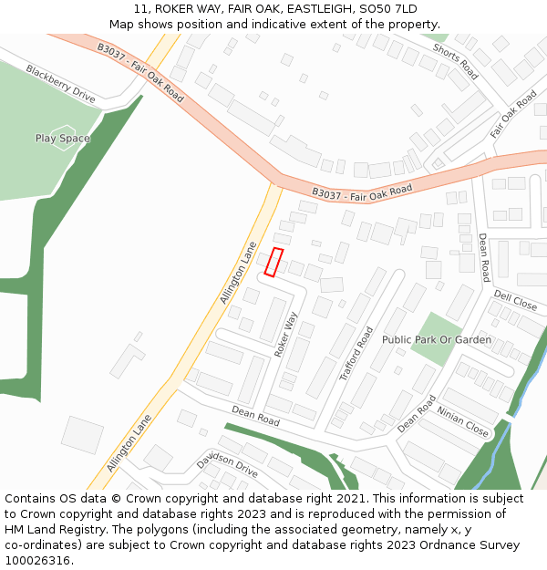 11, ROKER WAY, FAIR OAK, EASTLEIGH, SO50 7LD: Location map and indicative extent of plot