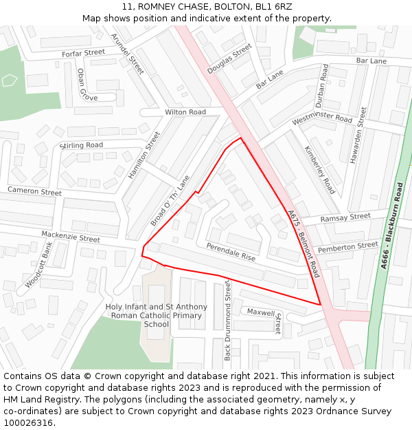 11, ROMNEY CHASE, BOLTON, BL1 6RZ: Location map and indicative extent of plot