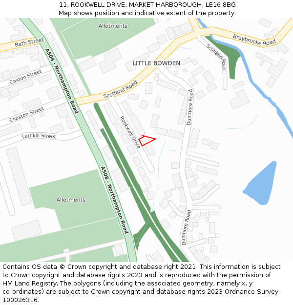 11, ROOKWELL DRIVE, MARKET HARBOROUGH, LE16 8BG: Location map and indicative extent of plot