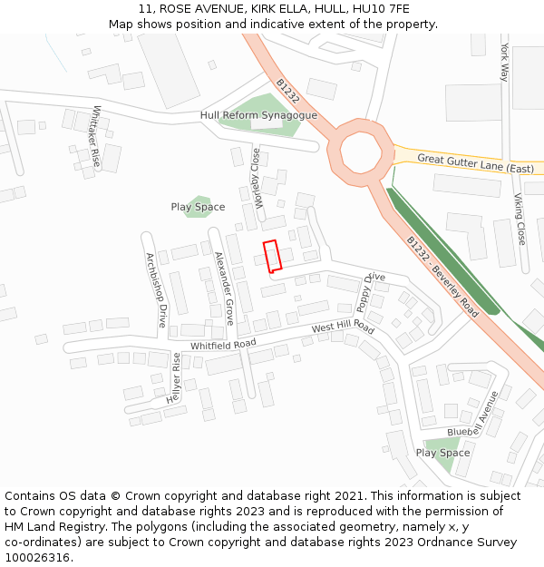 11, ROSE AVENUE, KIRK ELLA, HULL, HU10 7FE: Location map and indicative extent of plot