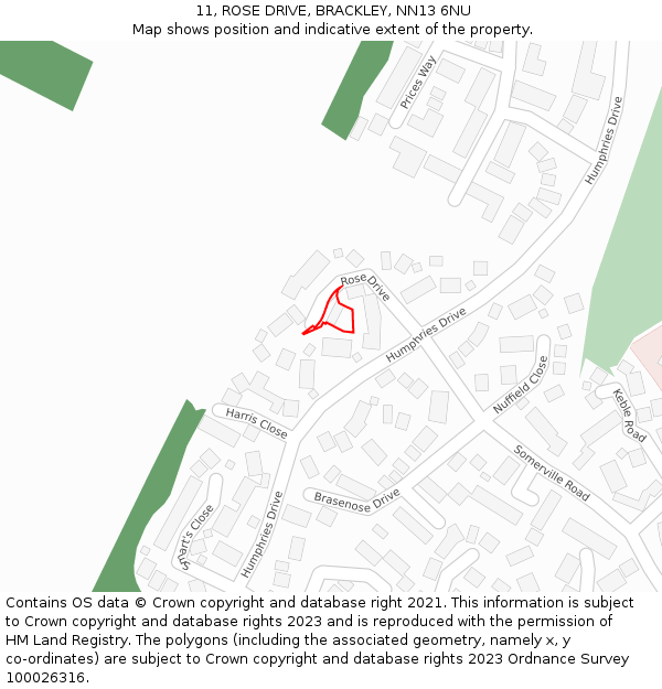 11, ROSE DRIVE, BRACKLEY, NN13 6NU: Location map and indicative extent of plot