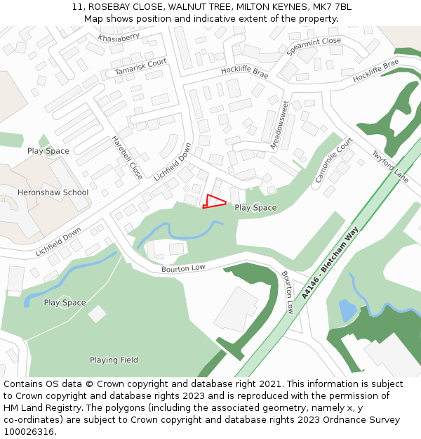 11, ROSEBAY CLOSE, WALNUT TREE, MILTON KEYNES, MK7 7BL: Location map and indicative extent of plot