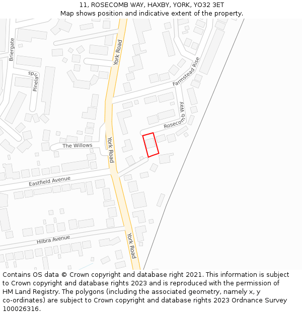 11, ROSECOMB WAY, HAXBY, YORK, YO32 3ET: Location map and indicative extent of plot