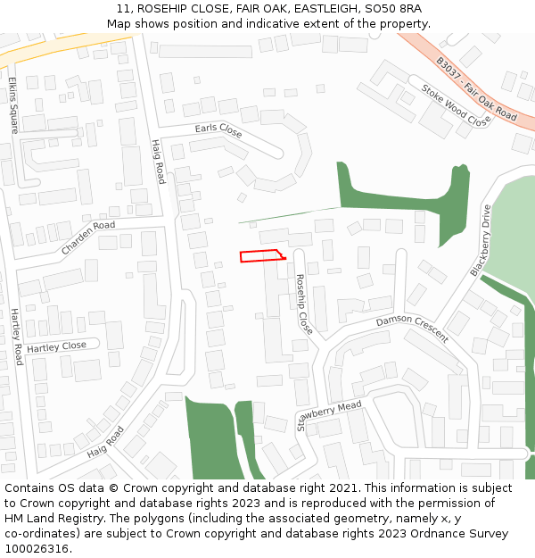 11, ROSEHIP CLOSE, FAIR OAK, EASTLEIGH, SO50 8RA: Location map and indicative extent of plot