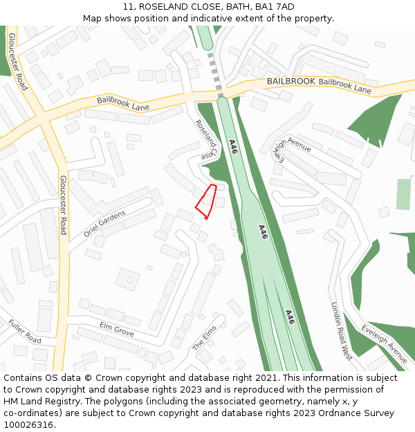 11, ROSELAND CLOSE, BATH, BA1 7AD: Location map and indicative extent of plot