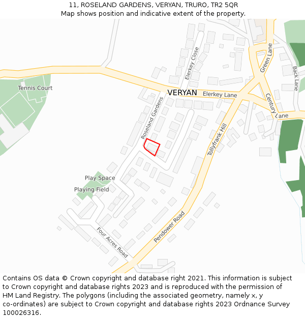 11, ROSELAND GARDENS, VERYAN, TRURO, TR2 5QR: Location map and indicative extent of plot