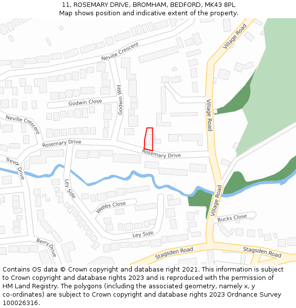 11, ROSEMARY DRIVE, BROMHAM, BEDFORD, MK43 8PL: Location map and indicative extent of plot