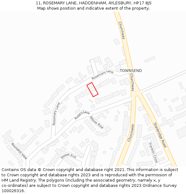 11, ROSEMARY LANE, HADDENHAM, AYLESBURY, HP17 8JS: Location map and indicative extent of plot