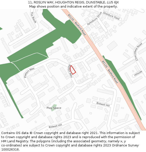 11, ROSLYN WAY, HOUGHTON REGIS, DUNSTABLE, LU5 6JX: Location map and indicative extent of plot