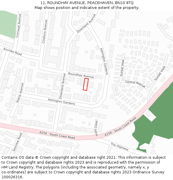 11, ROUNDHAY AVENUE, PEACEHAVEN, BN10 8TQ: Location map and indicative extent of plot