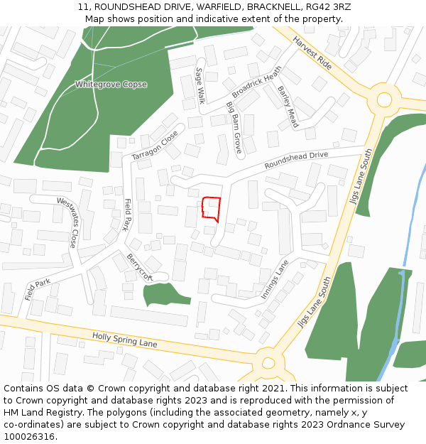 11, ROUNDSHEAD DRIVE, WARFIELD, BRACKNELL, RG42 3RZ: Location map and indicative extent of plot