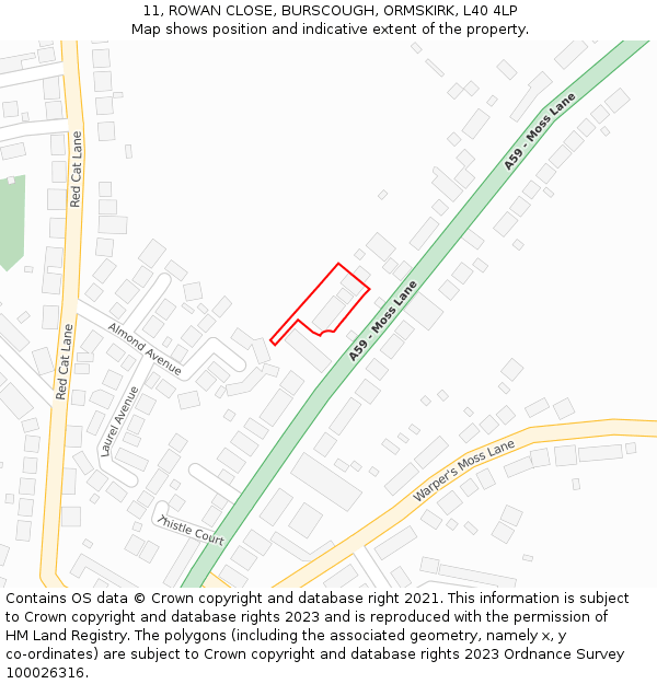 11, ROWAN CLOSE, BURSCOUGH, ORMSKIRK, L40 4LP: Location map and indicative extent of plot