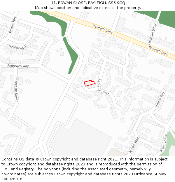 11, ROWAN CLOSE, RAYLEIGH, SS6 9GQ: Location map and indicative extent of plot
