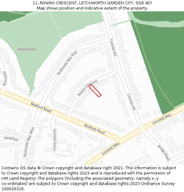 11, ROWAN CRESCENT, LETCHWORTH GARDEN CITY, SG6 4EY: Location map and indicative extent of plot