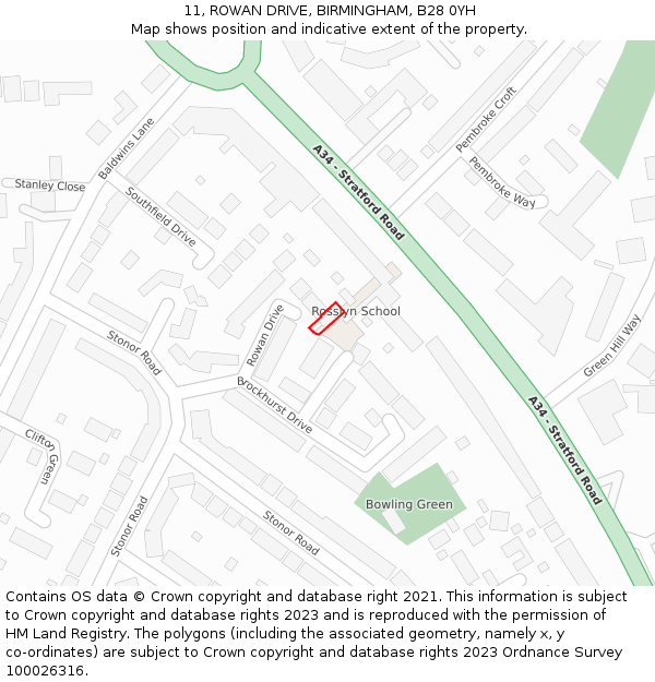 11, ROWAN DRIVE, BIRMINGHAM, B28 0YH: Location map and indicative extent of plot