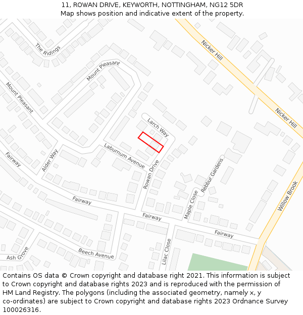 11, ROWAN DRIVE, KEYWORTH, NOTTINGHAM, NG12 5DR: Location map and indicative extent of plot