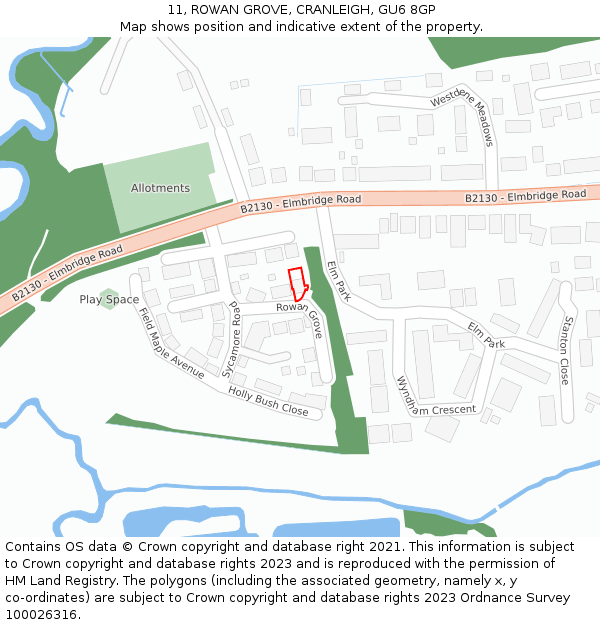 11, ROWAN GROVE, CRANLEIGH, GU6 8GP: Location map and indicative extent of plot
